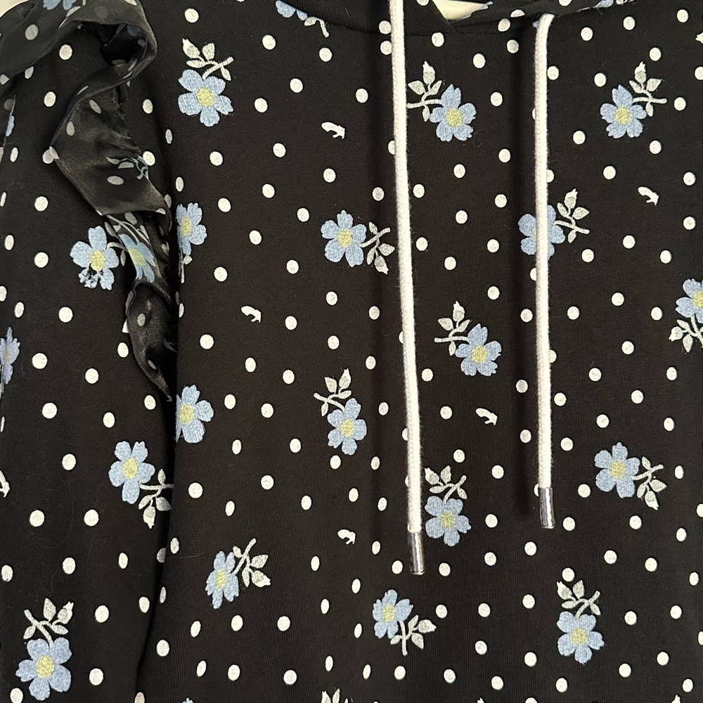 Sandy Liang Black Hoodie with Blue Floral and White Polka Dots - Picture 6 of 6
